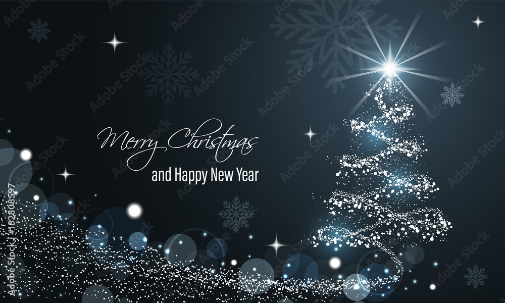 Fotografía Christmas and New Year glowing blue vector banner with snow wave, glitter, stars, snowflakes and christmas tree