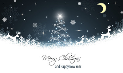 Poster - Christmas greeting card. New Year wishes. Reindeer, snowflakes, snow, shiny christmas tree, stars and moon. Vector banner.
