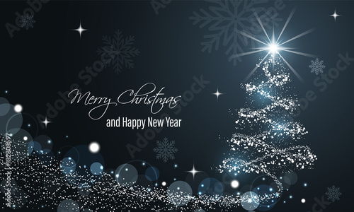 Christmas and New Year glowing blue vector banner with snow wave, glitter, stars, snowflakes and christmas tree Poster Mural XXL