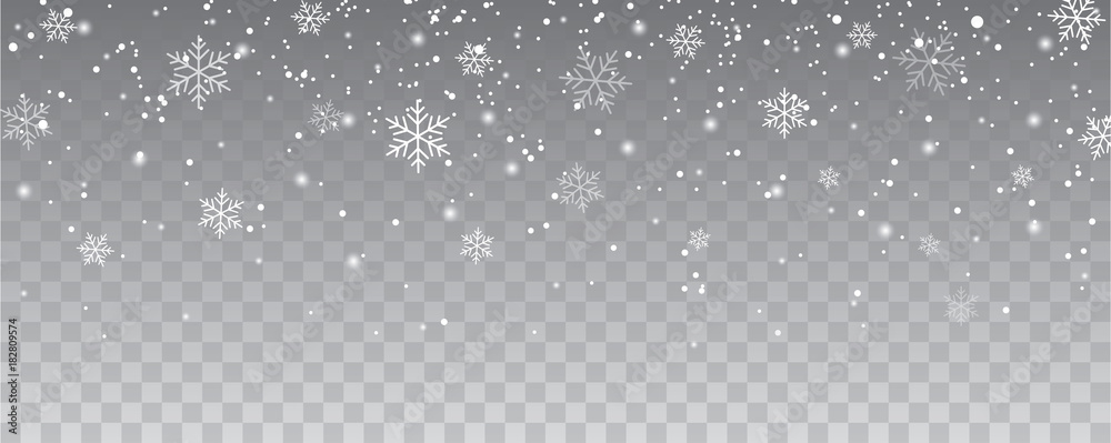 Snowflakes falling christmas decoration isolated background. White snow flying on transparent - obrazy, fototapety, plakaty 