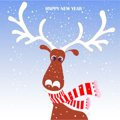 Wall Mural - Cartoon fan, cute reindeer in red striped scarf with white horns on blue, snow, Happy New Year stock vector illustration for typography banner, for congratulation card, greeting card