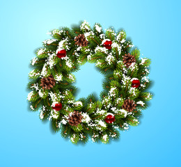 Wall Mural - Christmas wreath in snow with balls on blue background. Vector Illustration