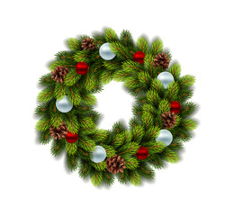Wall Mural - Christmas wreath with balls on white background. Vector Illustration