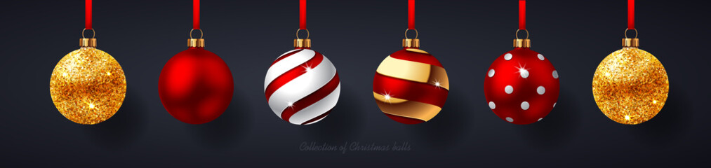 Wall Mural - Christmas balls with red ribbon