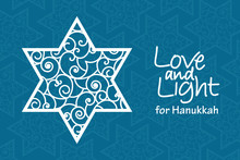 Hanukkah Greeting Card Template. Hand Drawn David Star With Curled Pattern With Handwritten Lettering Love And Light On Blue Patterned Background. Simple Vector Design For Jewish Holiday Card, Banner.
