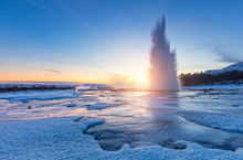 Famous Geysir In Iceland In Beautiful Sunset Light