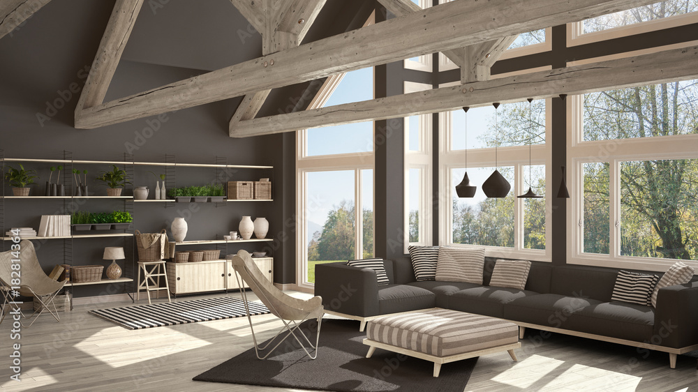 Living room of luxury eco house, parquet floor and wooden roof trusses, panoramic window on summer spring meadow, modern white and gray interior design - obrazy, fototapety, plakaty 
