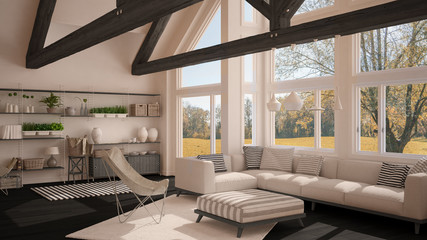 Wall Mural - Living room of luxury eco house, parquet floor and wooden roof trusses, panoramic window on autumn meadow, modern white and gray interior design