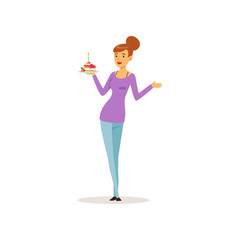 Poster - Woman holding plate with piece of cake with burning candle. Birthday party. Young female character dressed in purple sweater and jeans. Isolated flat vector