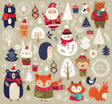 Christmas Collection With Cute Animals: Bear, Fox, Squirrel, Bird, Santa Claus, Snowman And Christmas Decorative Elements