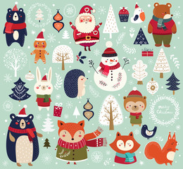 Wall Mural - Christmas decorative collection with funny Santa Claus, snowman and many others.