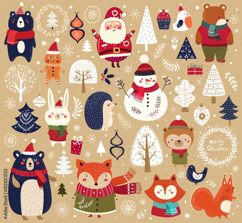 Photo  Christmas collection with cute animals, snowman and Santa