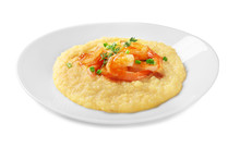 Plate With Fresh Tasty Shrimp And Grits On White Background
