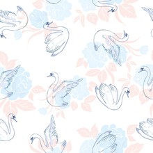 Seamless Pattern With White Swans. White Swans On Black Background. Vector Illustration.