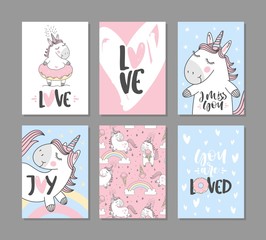 Wall Mural - Greeting cards with cute unicorns. Hand written text.