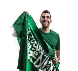 Wall Mural - Saudi Arabia fan celebrating on white background