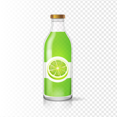 Wall Mural - Fresh lime juice in bottle with juice label. Fruit beverage packaging.