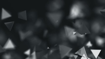 Poster - Abstract 3d rendering of chaotic low poly shapes. Computer generated flying polygonal pyramids in empty space. Futuristic motion background design with bokeh effect. 4k UHD