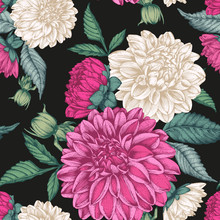 Vector Floral Seamless Pattern With Hand Drawn Dahlias