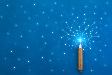 connecting ideas concept with line connect dot with wooden pencil on blue texture background with free copyspace for your ideas texts