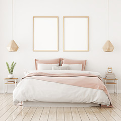 Aufkleber - Interior poster mock up with two vertical frames on the wall in home bedroom interior. 3D rendering.