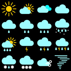 Poster - Flat simple image with sun, clouds, rain, lightning, snow, wind, breeze, hailstones, storm isolated on black background. Collection of weather icons. Vector illustration set for weather forecasting.