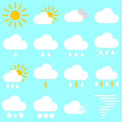 Poster - Flat simple image with sun, clouds, rain, lightning, snow, wind, breeze, hailstones, storm isolated on blue background. Collection of weather icons. Vector illustration set for weather forecasting.