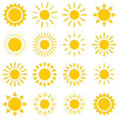 Poster - Flat simple image with sun set isolated on white background. Collection of weather icons. Vector illustration sunshine for weather forecasting. Picture with day star. Various images of sunlight.