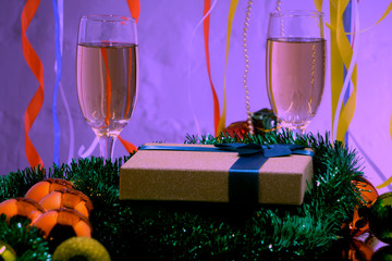 The celebration of Christmas and the New year with champagne. Christmas holiday decorated table.