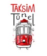 Vector illustration of traditional turkish public transport Taksim Tunel. Hand drawn famous Istanbul tram. Black outline, red watercolor texture and hand lettering. Isolated on white background.