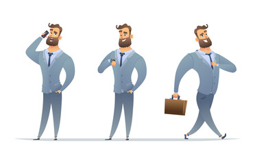 Wall Mural - Businessman in different poses, talking on the phone, looking at his watch and walking. Set manager character in a cartoon style.