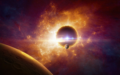 Wall Mural - supermassive extraterrestrial life form in outer space, dark red planet in twisted galaxy