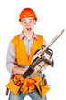 © kaninstudio - Expressive man with chain saw. repair, construction, building, people and maintenance concept.