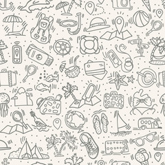 Travel and summer seamless pattern, journey and trip background. Adventure time pattern in hand draw style, vector sketch elements on repeatable pattern