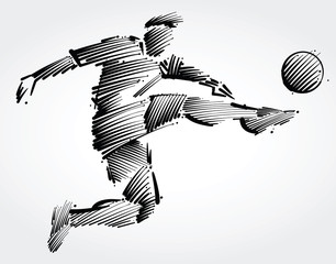 Wall Mural - soccer player flying to kick the ball made of black brushstrokes on light background