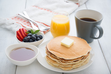 Poster - breakfast image with pancake, coffee, orange juice