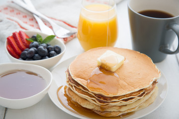 Wall Mural - breakfast image with pancake, coffee, orange juice