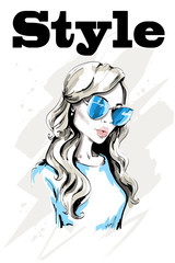 Wall Mural - Hand drawn beautiful woman portrait. Fashion lady in sunglasses. Stylish young woman. Cute blond hair girl. Sketch.