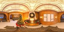 Christmas Interior With A Fireplace. 3d Illustration Of An Interior Design In A Classic Style With Christmas Trees, Presents And Decor. Seamless 360 Panorama For Virtual Reality And Virtual 3D Tours