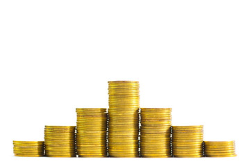 Increasing columns of coins, piles of gold coins arranged as a graph isolated on white background