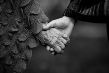 Holding Two People Hands Young And Old Closeup Black And White Picture.