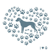 Dalmatian Silhouette On A Background Of Dog Tracks And Bones In The Form Of Heart.