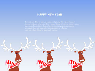 Wall Mural - Cartoon fan, cute reindeers in red striped scarf with white horns, Lorem ipsum on blue, snow, Happy New Year stock vector illustration for typography banner, for congratulation 