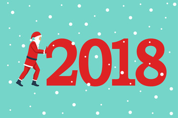 Wall Mural - Happy New Year 2018. Santa Claus push big numeral 2018. Beginning of new year. Congratulations, greetings. Isolated on snow background. Vector illustration flat design. Merry Christmas.
