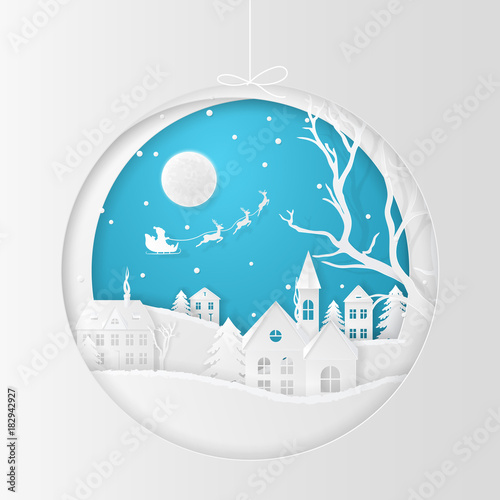 Vector Christmas Scene With Fir Trees Houses The Moon Santa S