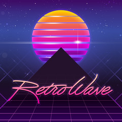 Poster - 80s Retro Sci-Fi Background. Vector futuristic synth retro wave illustration in 1980s posters style. Suitable for any print design in 80s style