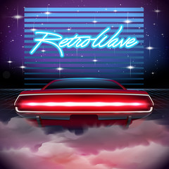 Poster - 80s Retro Sci-Fi Background. Vector futuristic synth retro wave illustration in 1980s posters style. Suitable for any print design in 80s style