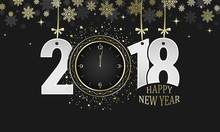 Happy New Year 2018 Vector Dark Greeting Card. Numbers With Golden Bows, Snowflakes And Clocks.