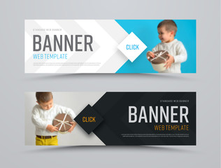 Poster - Templates of black and white vector horizontal web banners with arrows and a place for a photo. Minimalist design. Set. Blurred image for example