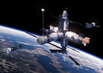 Wall Mural - two spacecraft is preparing to dock with space station